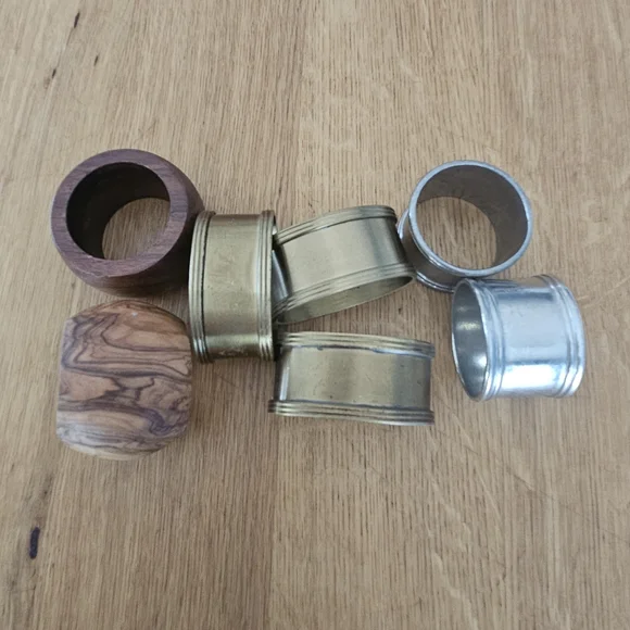 Napkin Rings Mixed Metal and Wood - Brass, Pewter, Wood - Picture 1 of 6